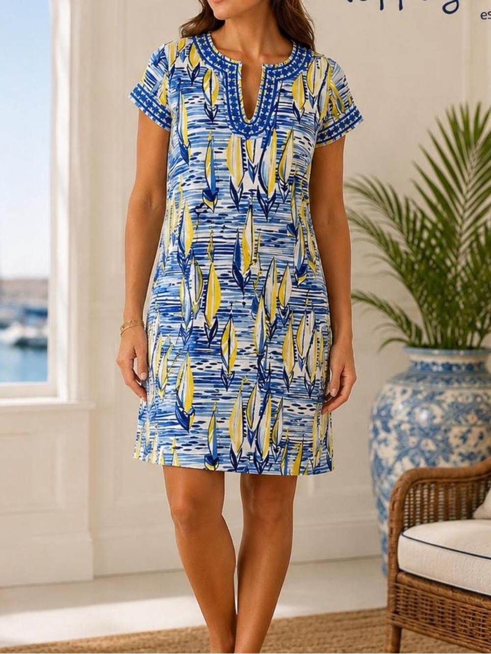 Pappagallo Size 2 Blue Yellow Sailboat Print Embroidered Shift Dress